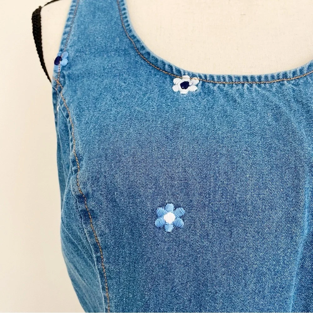 SOLD :: Vintage 90s Floral Embroidery Denim Mini Dress - Picture 5 of 6